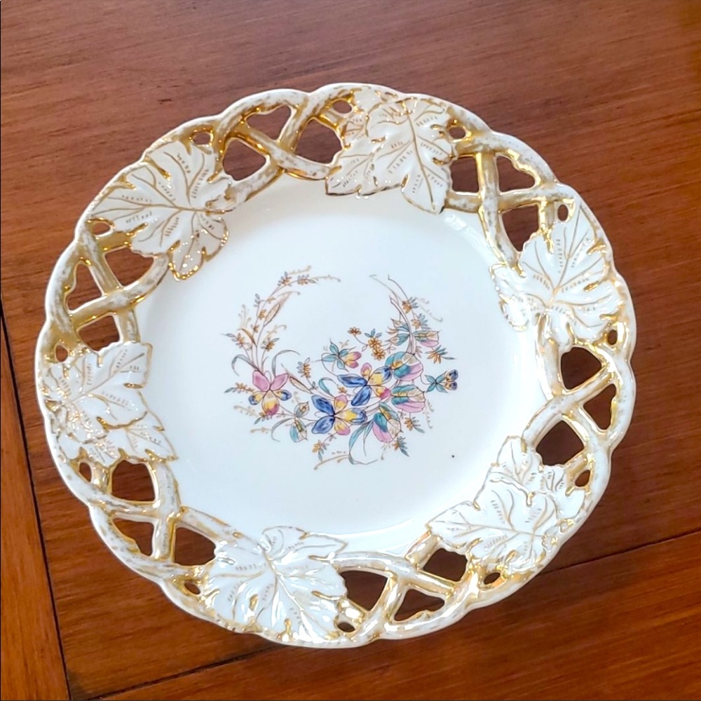 Vintage White Serving Plate with Open Lattice and Gold Trim, 10" Round